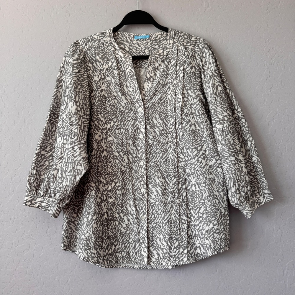 J. McLaughlin Button-Up Blouse Silk‎ Blend Gray Print Top Size L